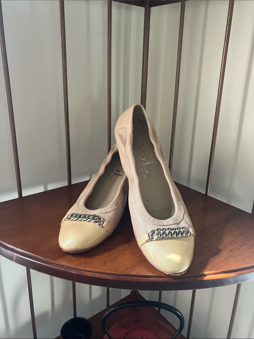 Agl Beige Ballet Flats with Pale Yellow Patent Cap & Silver Chain